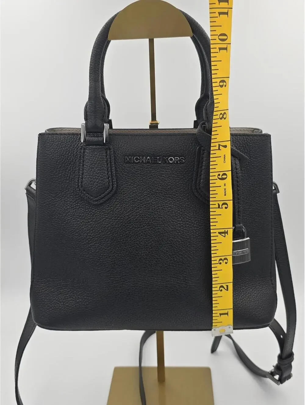 Michael Kors Adele Black Pebbled Leather Satchel Crossbody Bag Silver Hardware